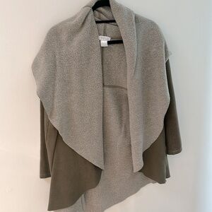 Barney’s New York shawl neck fleece sweatshirt cardigan in grey and army green
